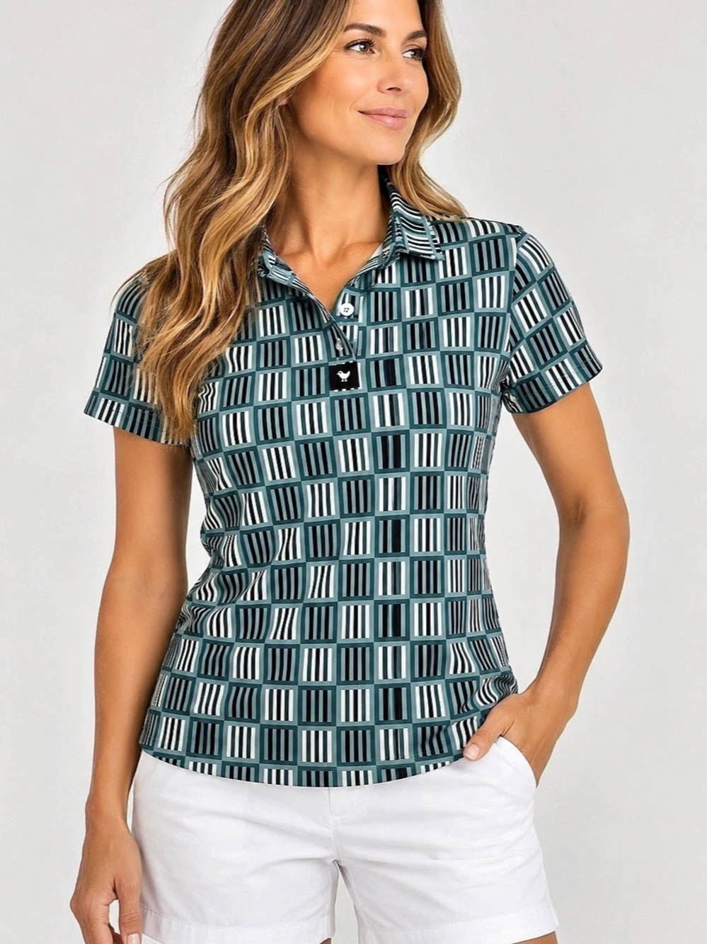 Bad Birdie Apparel Geo Print Golf Polo green & White